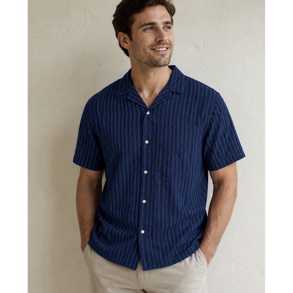 NWT $181 Folk M Textured Stripe Button Up Shirt Short Sleeve Navy Cotton Hipster